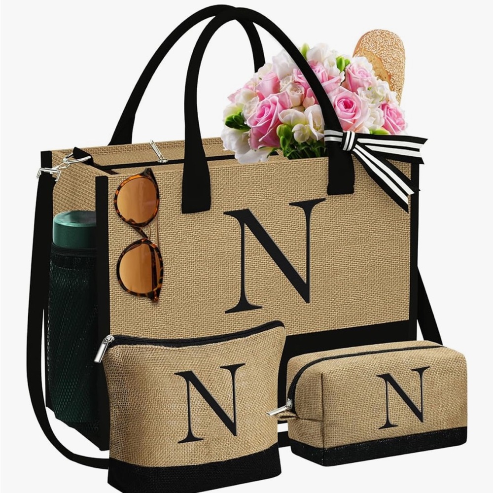 YOOLIFE “N” Initial Jute Tote Bag & 2 Makeup Bags